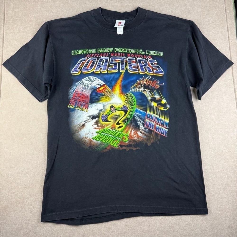 Vintage Six Flags Shirt Mens Black L Magic Mountain Batman‎ Riddler Superman